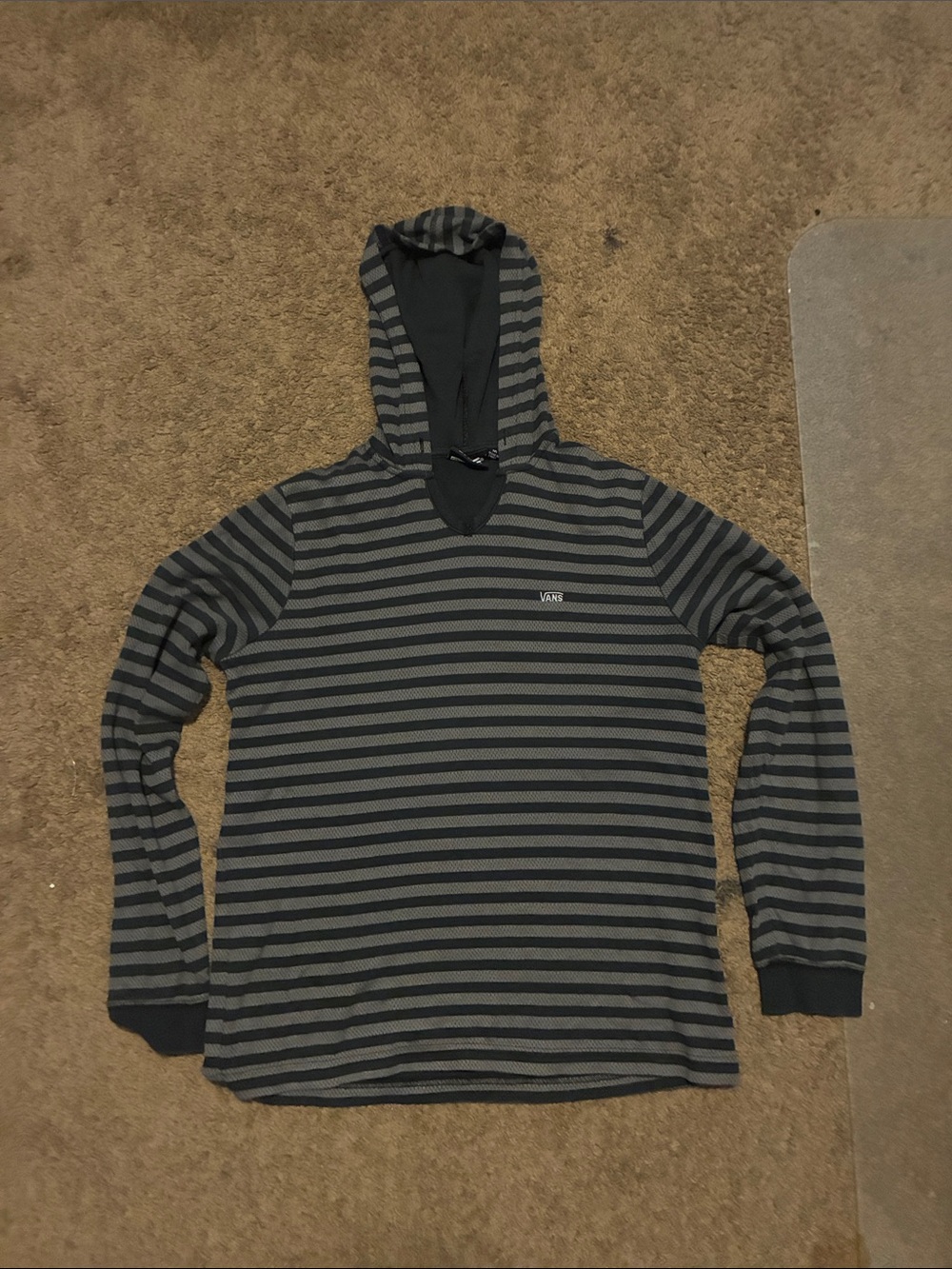 Vans y2k Men's Black and Gray Striped Hooded Long Sleeve Shirt